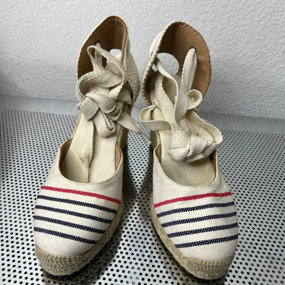 Soludos Women's Lace-Up Tall Wedge Espadrilles Red‎ Navy Natural  Size 5